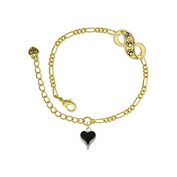 Delight Jewelry Silvertone Small Long Black Heart Gold-tone Paw Infinity Link Chain Bracelet, 6"+2" Extender