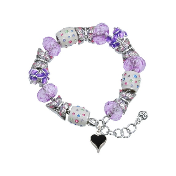 Delight Jewelry Silvertone Small Long Black Heart Purple Butterfly Bead Charm Bracelet, 7"+1" Extender