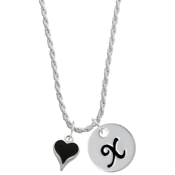 Delight Jewelry Silvertone Small Long Black Heart Silvertone Script Initial Disc - X - Charm Necklace, 20"+3"