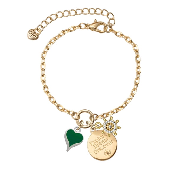 Delight Jewelry Silvertone Small Long Green Heart Goldtone Discover Dream Explore Zoey Charm Bracelet, 6.5+2" Extender