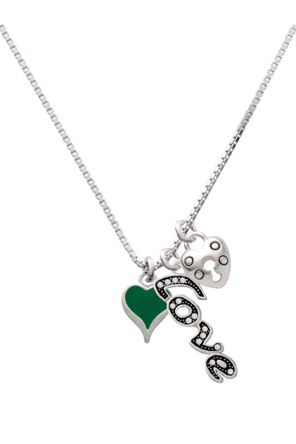 Silvertone Small Long Green Heart - Love and Lock Charm Necklace, 18"+1"