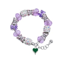 Delight Jewelry Silvertone Small Long Green Heart Purple Butterfly Bead Charm Bracelet, 7" 1" Extender