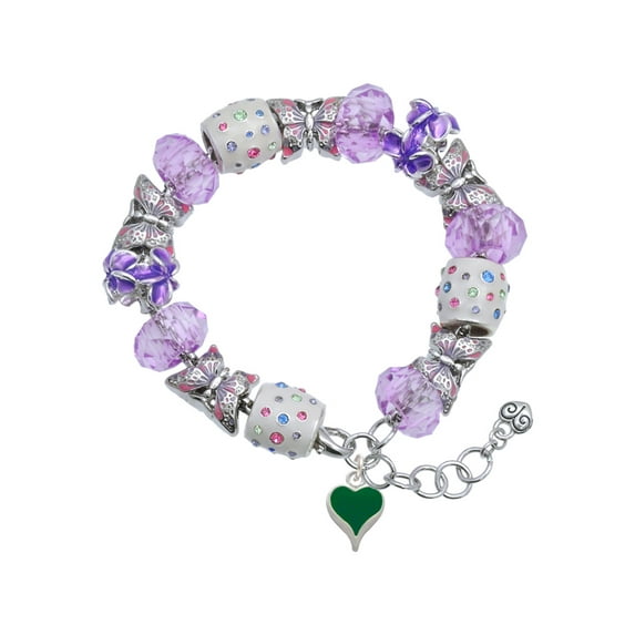 Delight Jewelry Silvertone Small Long Green Heart Purple Butterfly Bead Charm Bracelet, 7"+1" Extender