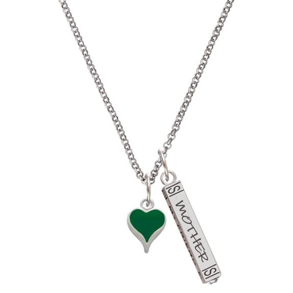 Delight Jewelry Silvertone Small Long Green Heart Silvertone Mother Daughter Bar Charm Necklace, 23"