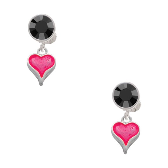 Delight Jewelry Silvertone Small Long Hot Pink Heart Black Crystal Clip on Earrings