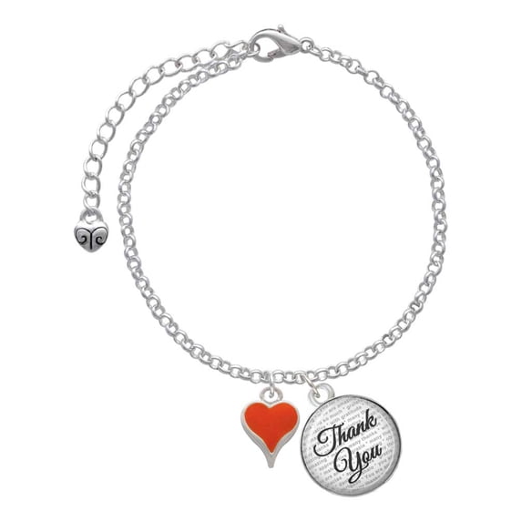 Delight Jewelry Silvertone Small Long Orange Heart - Domed Thank You Charm Bracelet, 6"+2"
