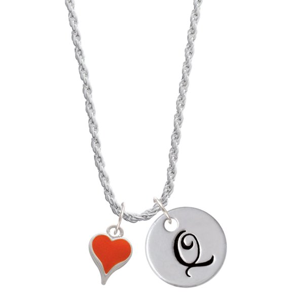Delight Jewelry Silvertone Small Long Orange Heart Silvertone Script Initial Disc - Q - Charm Necklace, 20"+3"