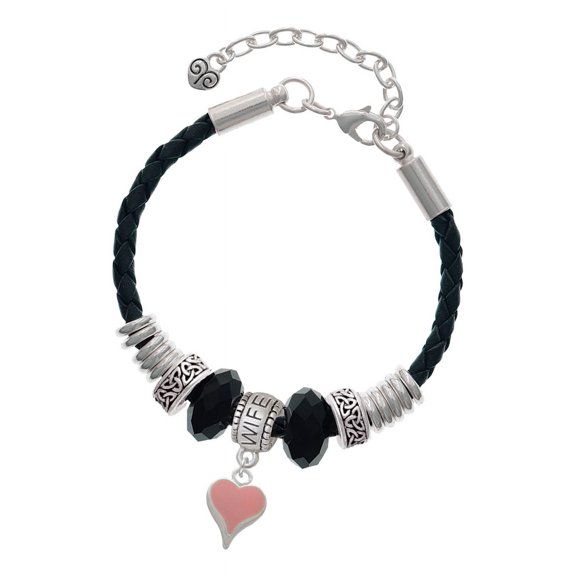 Delight Jewelry Silvertone Small Long Pink Heart Wife Celtic Knot Leather Bead Bracelet, 7"+2" Extender