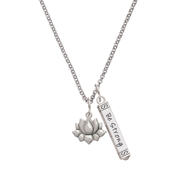 Delight Jewelry Silvertone Small Lotus Flower Silvertone Be Strong and Courageous Bar Charm Necklace, 23"