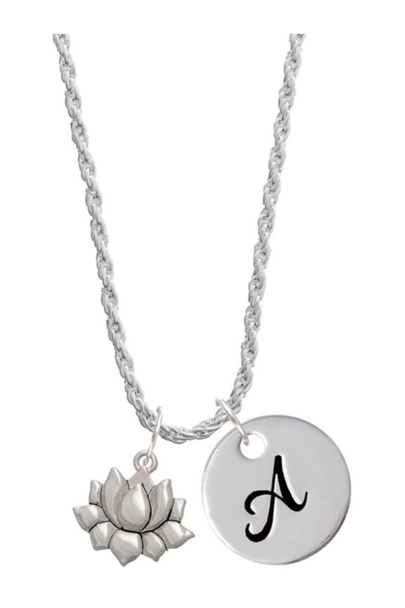 Silvertone Small Lotus Flower Silvertone Script Initial Disc - A - Charm Necklace, 20"+3"