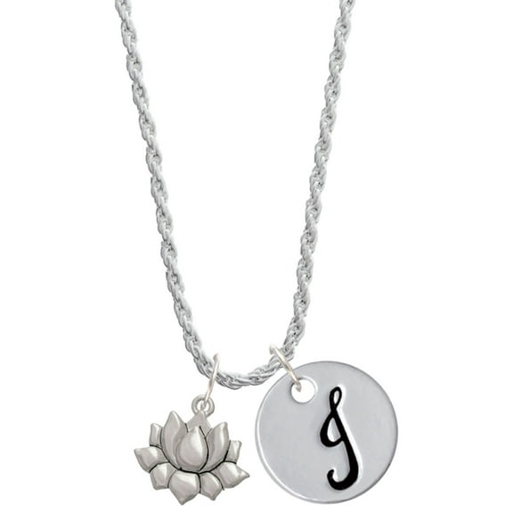 Delight Jewelry Silvertone Small Lotus Flower Silvertone Script Initial Disc - J - Charm Necklace, 20"+3"