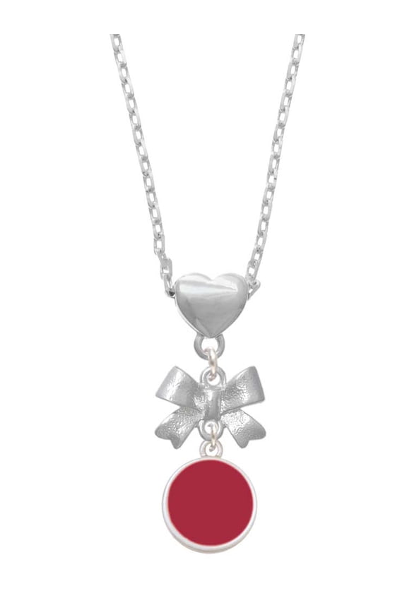 Silvertone Small Maroon Enamel Disc Silver tone Bow Heart Necklace
