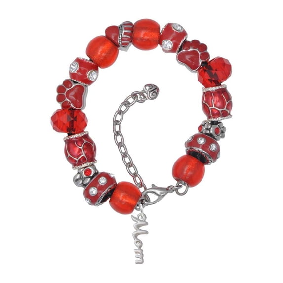 Delight Jewelry Silvertone Small Mom Script Red Paw Print Bead Bracelet, 7"+2"