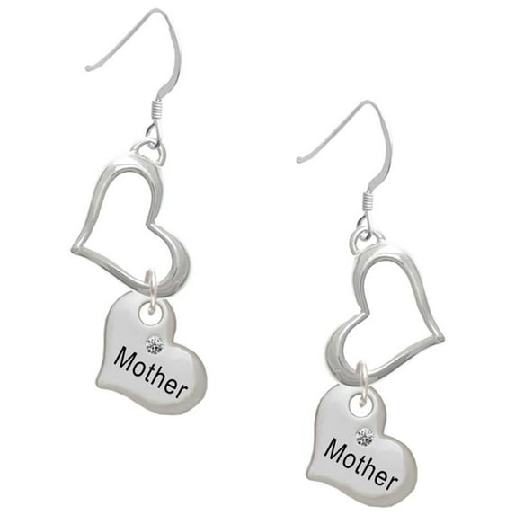Delight Jewelry Silvertone Small ''Mother'' Heart with Clear Crystal Open Heart French Earrings