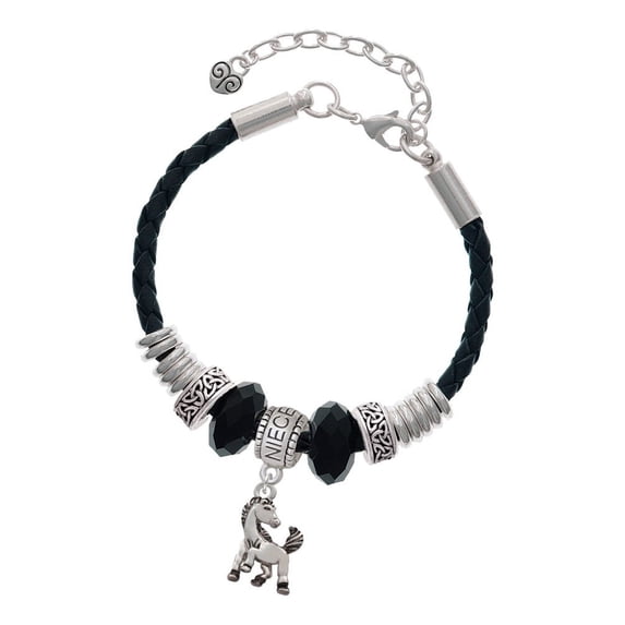 Delight Jewelry Silvertone Small Mustang - Mascot Niece Celtic Knot Leather Bead Bracelet, 7"+2" Extender