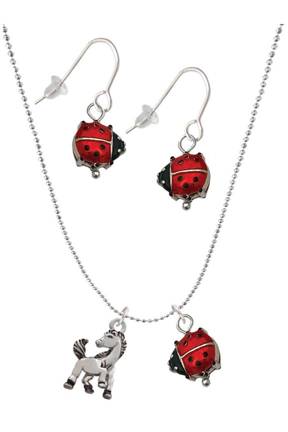 Silvertone Small Mustang - Mascot Red Lucky Ladybug Necklace and Dangle Earrings Set