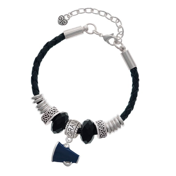 Delight Jewelry Silvertone Small Navy Blue Megaphone Grandmother Celtic Knot Leather Bead Bracelet, 7"+2" Extender