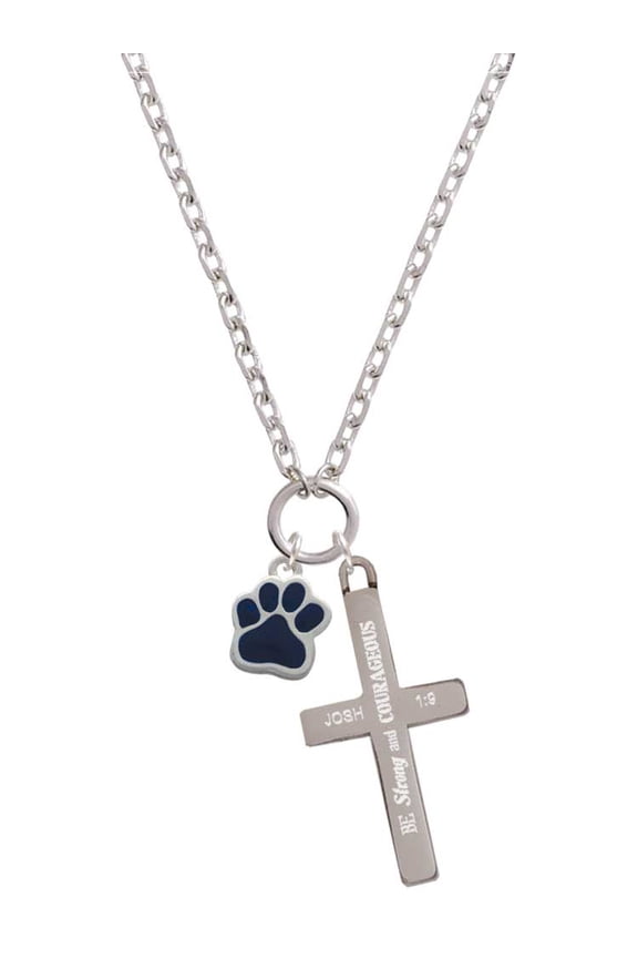 Silvertone Small Navy Blue Paw Be Strong and Courageous Engraved Cross Zoey Necklace, 28"