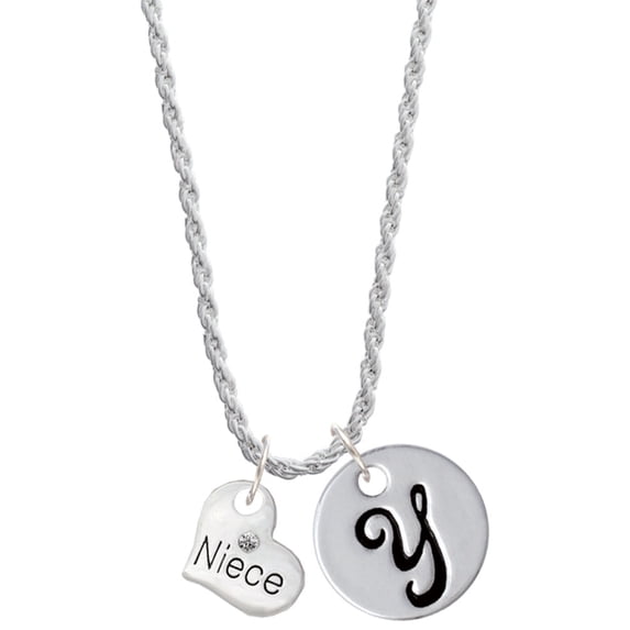Delight Jewelry Silvertone Small Niece Heart Silvertone Script Initial Disc - Y - Charm Necklace, 20"+3"