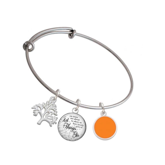 Delight Jewelry Silvertone Small Orange Enamel Disc Silvertone Let Things Go Tree Charm Bangle Bracelet