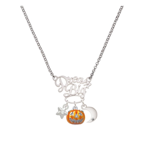 Delight Jewelry Silvertone Small Orange Jack O'Lantern with Stem Silvertone Dream Big Pendant Necklace, 25"