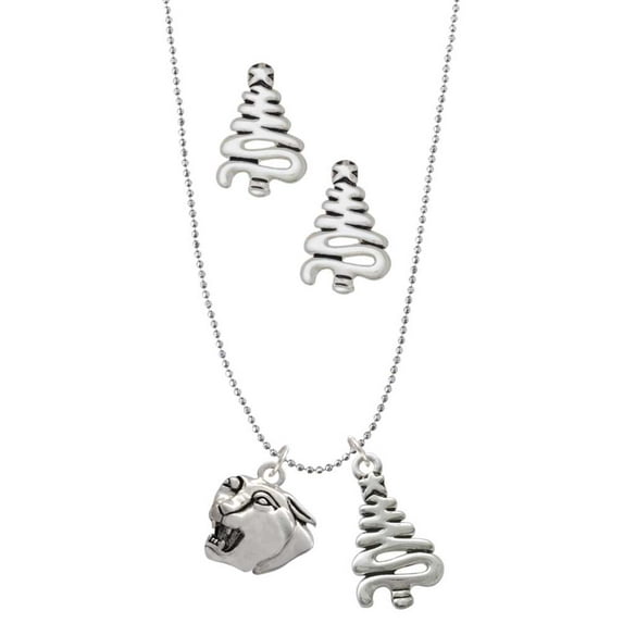Delight Jewelry Silvertone Small Panther - Mascot Silver tone Zig Zag Christmas Tree Charm Necklace and Stud Earrings