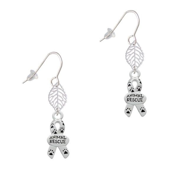 Delight Jewelry Silvertone Small Paw Print Ribbon ''Animal Rescue'' Silvertone Leaf French Earrings