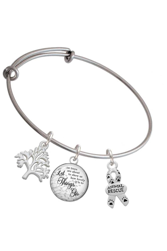 Silvertone Small Paw Print Ribbon ''Animal Rescue'' Silvertone Let Things Go Tree Charm Bangle Bracelet