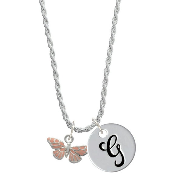 Delight Jewelry Silvertone Small Pink Butterfly Silvertone Script Initial Disc - G - Charm Necklace, 20"+3"