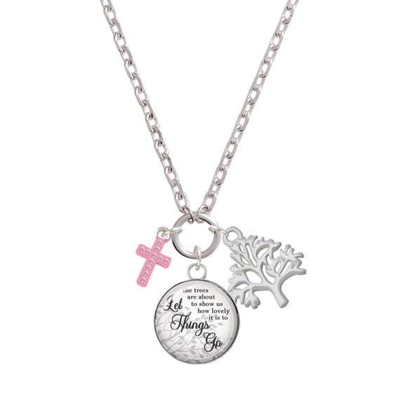 Delight Jewelry Silvertone Small Pink Crystal Cross Let Things Go Fall Zoey Charm Necklace, 28"