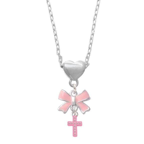 Delight Jewelry Silvertone Small Pink Crystal Cross Pink Bow Heart Necklace