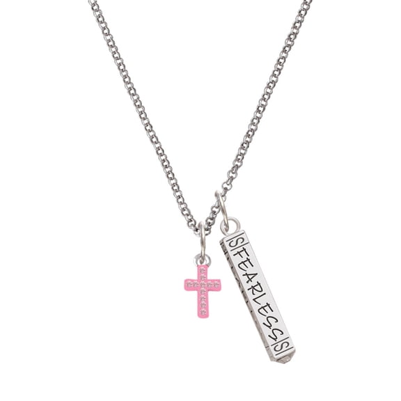 Delight Jewelry Silvertone Small Pink Crystal Cross Silvertone Fearless Bar Charm Necklace, 23"