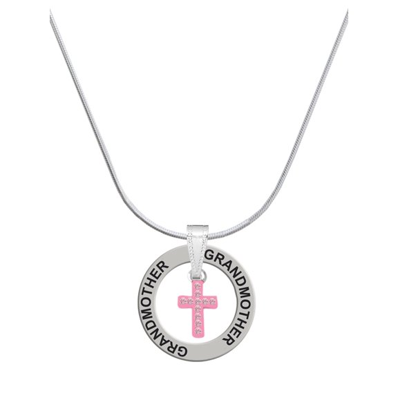 Delight Jewelry Silvertone Small Pink Crystal Cross Silvertone Grandmother Ring Charm Necklace, 18"