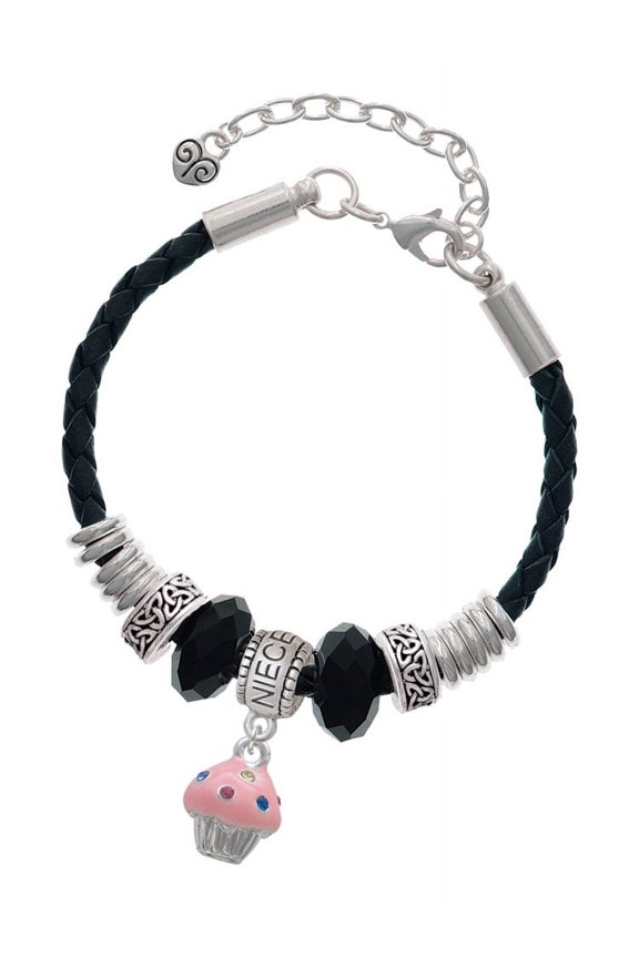 Silvertone Small Pink Cupcake with Crystal Sprinkles Niece Celtic Knot Leather Bead Bracelet, 7"+2" Extender