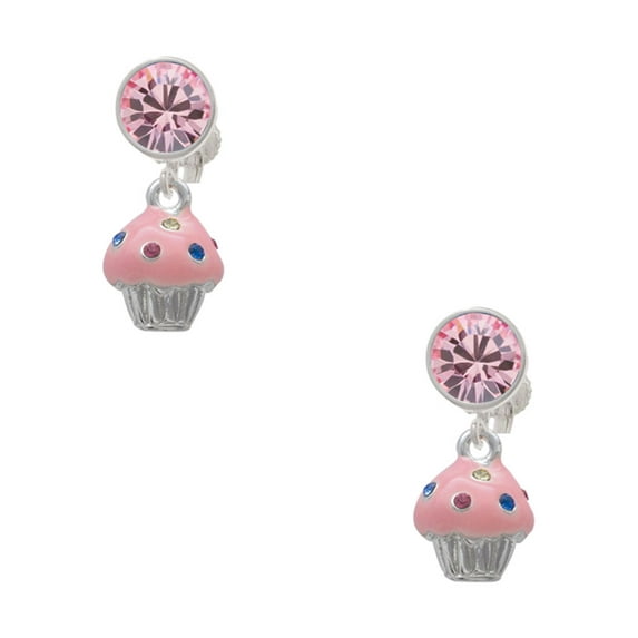 Delight Jewelry Silvertone Small Pink Cupcake with Crystal Sprinkles Pink Crystal Clip on Earrings