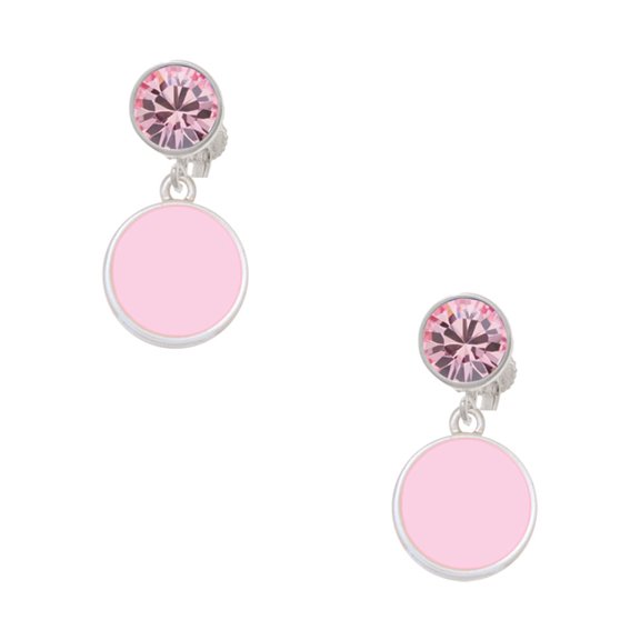Delight Jewelry Silvertone Small Pink Enamel Disc Pink Crystal Clip on Earrings