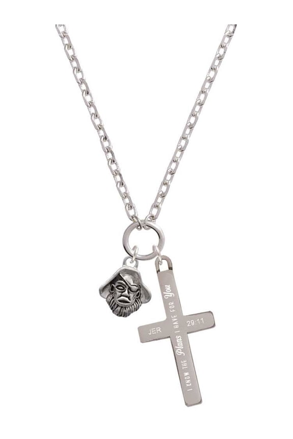 Silvertone Small Pirate - Mascot I Have Plans for You Engraved Cross Zoey Necklace, 28"
