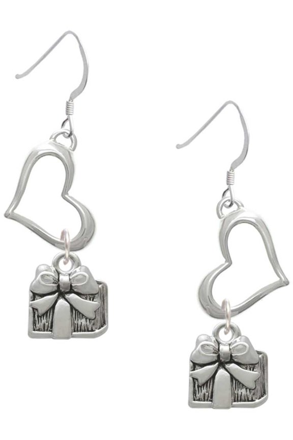 Silvertone Small Present Open Heart French Earrings