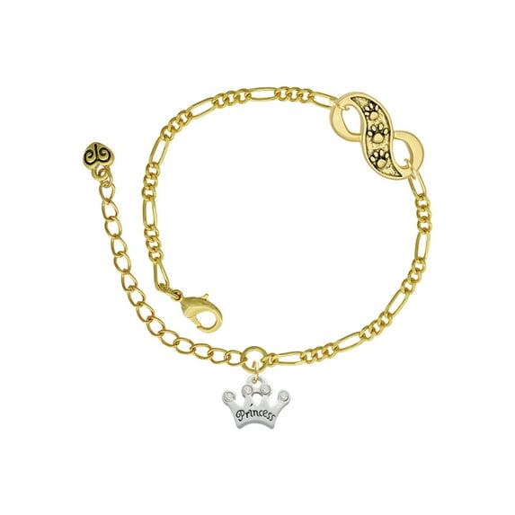 Delight Jewelry Silvertone Small ''Princess'' Crown with Clear Crystals Gold-tone Paw Infinity Link Chain Bracelet, 6"+2" Extender