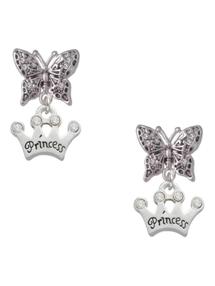 Delight Jewelry Silvertone Small ''Princess'' Crown with Clear Crystals Silvertone Antiqued Butterfly Post Earrings