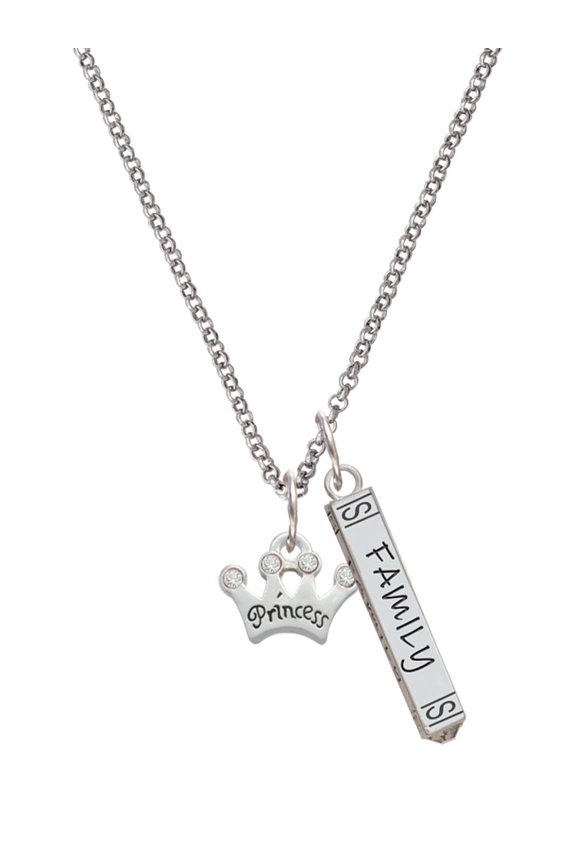 Silvertone Small ''Princess'' Crown with Clear Crystals Silvertone Family Bar Charm Necklace, 23"