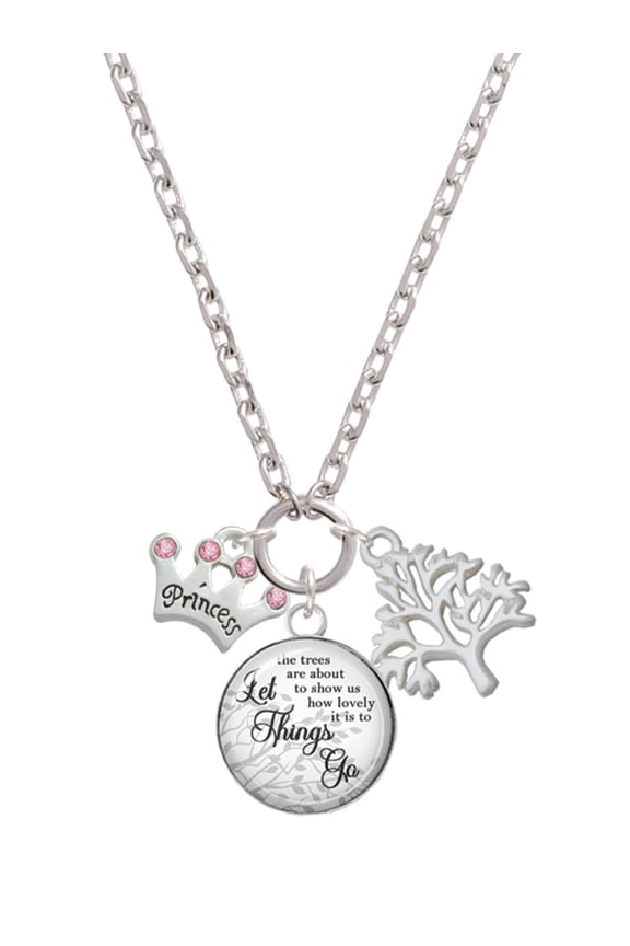 Silvertone Small ''Princess'' Crown with Pink Crystals Let Things Go Fall Zoey Charm Necklace, 28"