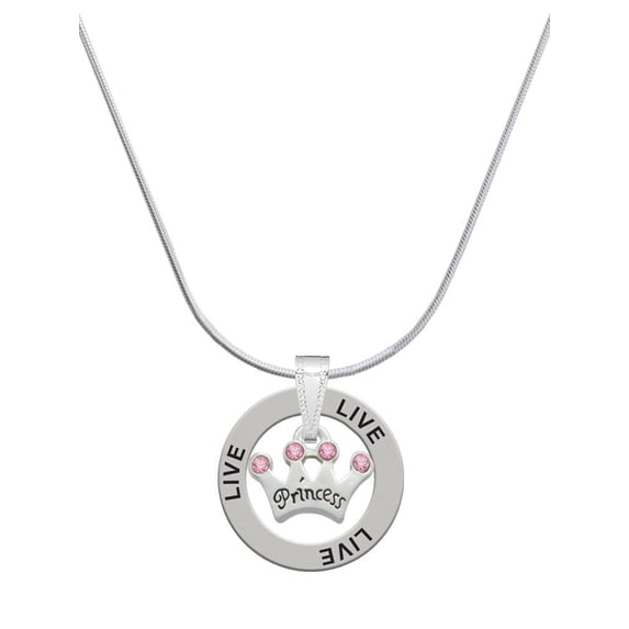 Delight Jewelry Silvertone Small ''Princess'' Crown with Pink Crystals Live Ring Charm Necklace, 18"