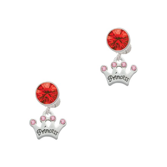 Delight Jewelry Silvertone Small ''Princess'' Crown with Pink Crystals Red Crystal Clip on Earrings
