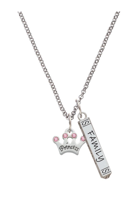 Silvertone Small ''Princess'' Crown with Pink Crystals Silvertone Family Bar Charm Necklace, 23"