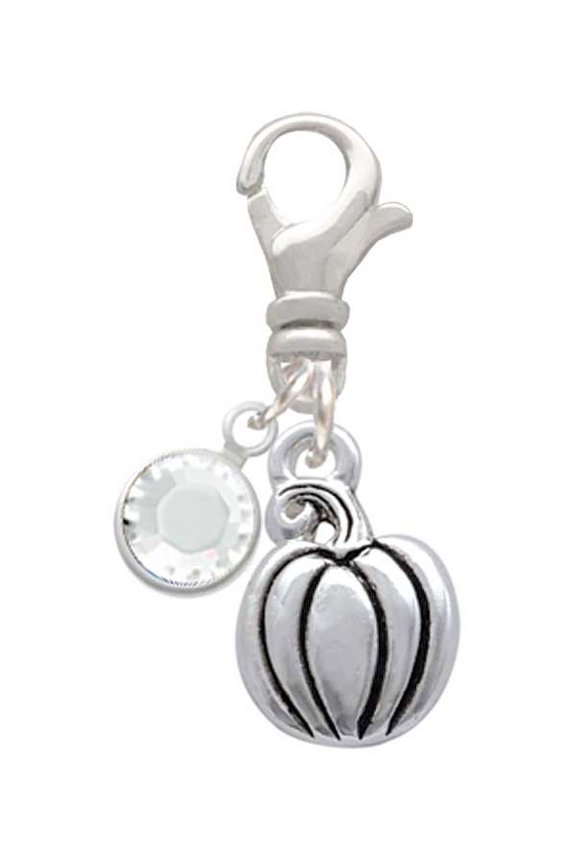 Silvertone Small Pumpkin - Silvertone Clip on Charm with Clear Crystal Drop
