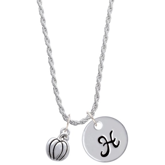 Delight Jewelry Silvertone Small Pumpkin Silvertone Script Initial Disc - H - Charm Necklace, 20"+3"