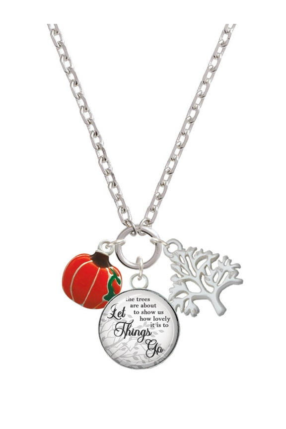 Silvertone Small Pumpkin With Lines Let Things Go Fall Zoey Charm Necklace, 28"