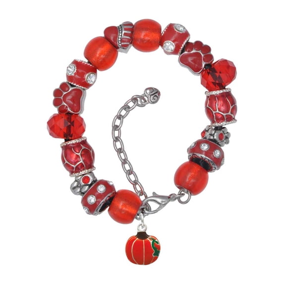 Delight Jewelry Silvertone Small Pumpkin With Lines Red Paw Print Bead Bracelet, 7"+2"