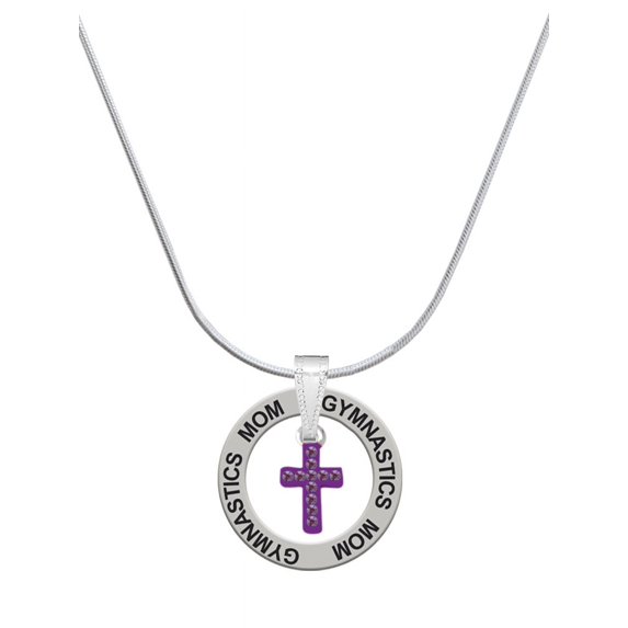 Delight Jewelry Silvertone Small Purple Crystal Cross Gymnastics Mom Ring Charm Necklace, 18"